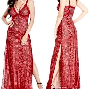 GUESS Los Angeles red lace strappy camisole fitted maxi long gown dress NWT S